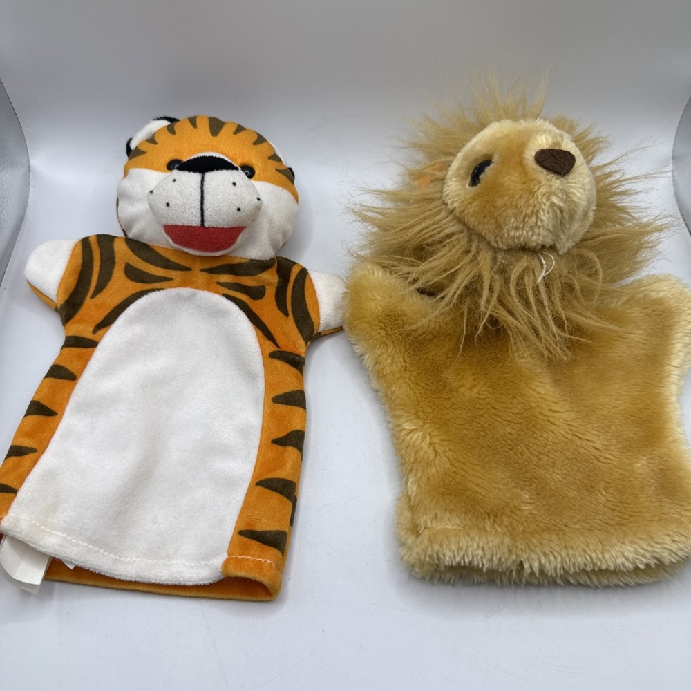 Lot of 2 hand puppets animals jungle Lion Unbranded & Tiger soft 1 Melissa Doug